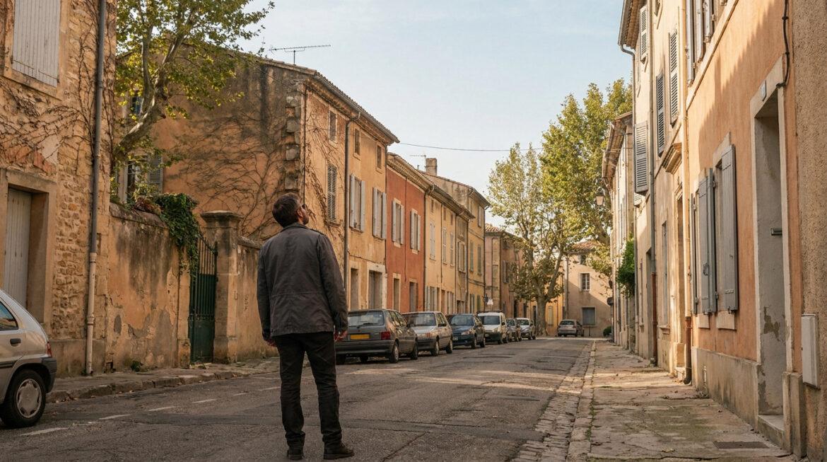 Quartiers à éviter à Martigues : zones sensibles et risques Homme observant une rue ancienne de Martigues, bordée d'immeubles aux façades patinées, persiennes fermées et voitures garées.