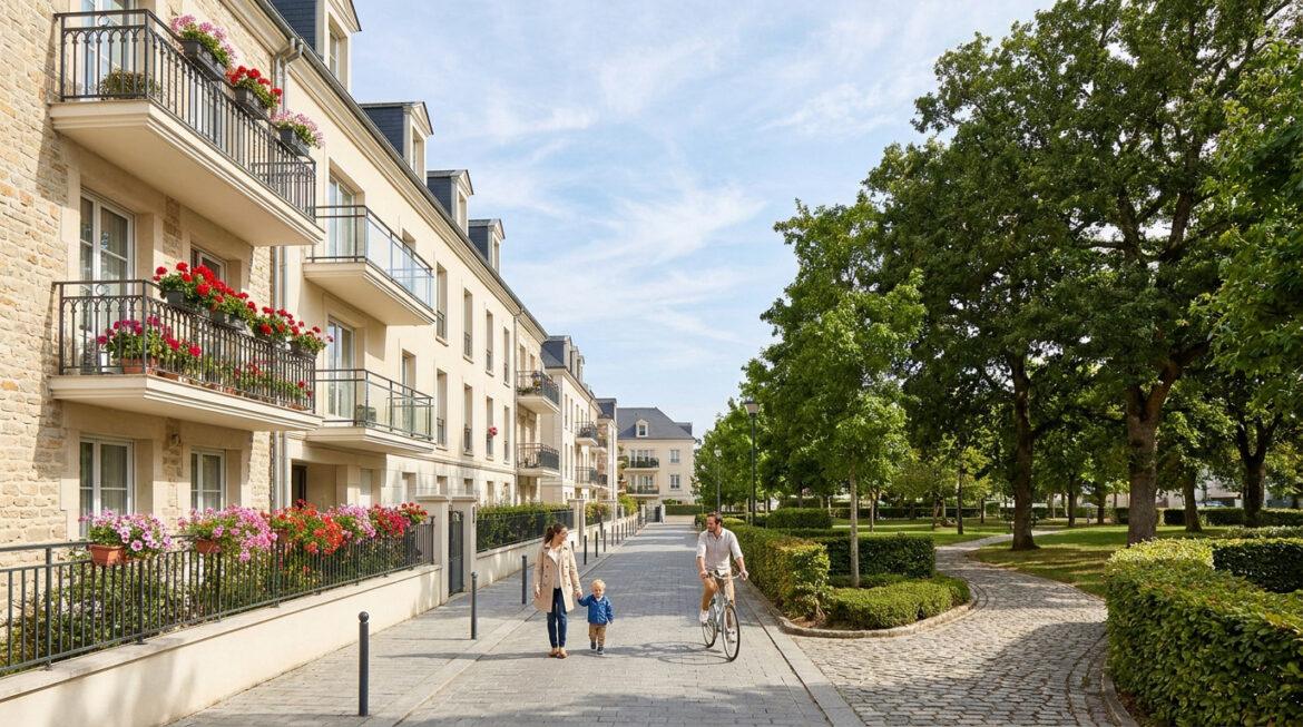 Quartiers de Champs-sur-Marne : zones à éviter et secteurs à privilégier Rue bordée d'immeubles fleuris et d'un parc verdoyant. Une famille se promène: mère et enfant marchent, père à vélo.