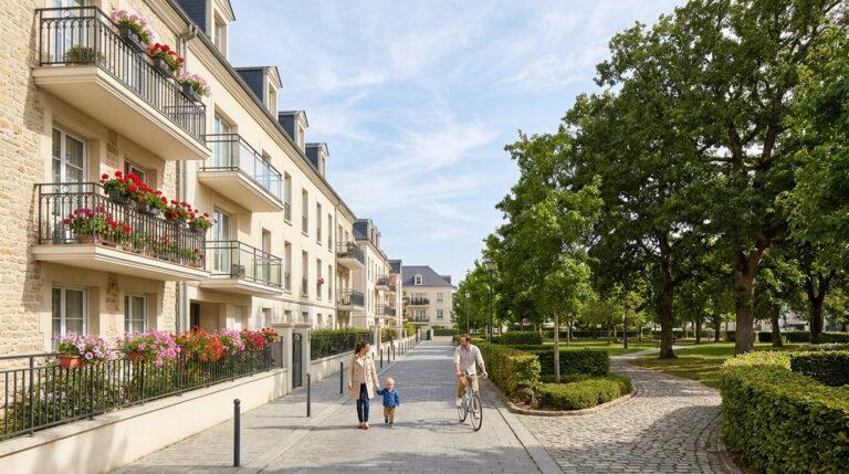 Quartiers de Champs-sur-Marne : zones à éviter et secteurs à privilégier Rue bordée d'immeubles fleuris et d'un parc verdoyant. Une famille se promène: mère et enfant marchent, père à vélo.