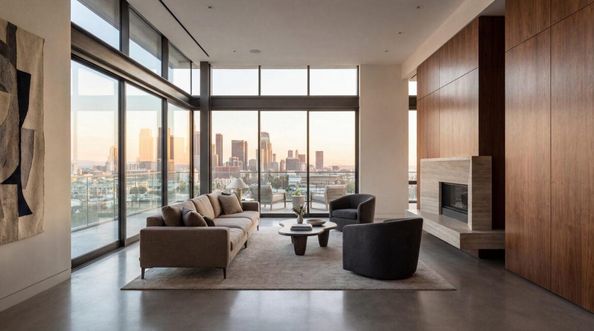 Caractère Immobilier : avis sur l’expert du bien atypique Salon contemporain luxueux avec canapé, fauteuils, cheminée. Grandes baies vitrées offrant une vue imprenable sur une ville au coucher du soleil.