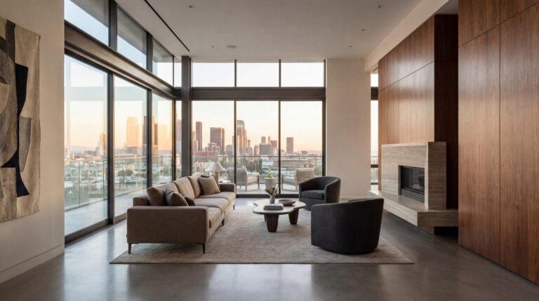 Caractère Immobilier : avis sur l’expert du bien atypique Salon contemporain luxueux avec canapé, fauteuils, cheminée. Grandes baies vitrées offrant une vue imprenable sur une ville au coucher du soleil.
