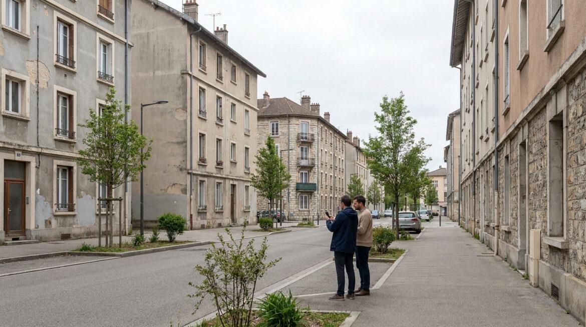 Quartiers à éviter à Saint-Martin-d’Hères : zones à risques Rue urbaine avec immeubles résidentiels vieillissants et arbres, deux hommes regardent un téléphone. Suggère un quartier à risque.