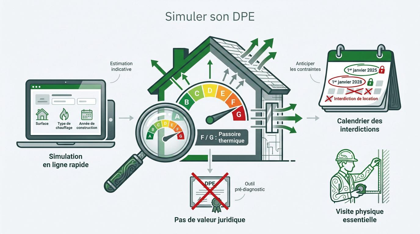 Graphique illustrant les étapes de la simulation DPE et les contraintes de location