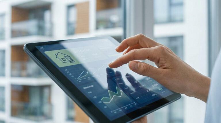 Frais notaire immobilier capsud com : simulateur 2026 Main utilisant une tablette pour un simulateur immobilier. L'écran montre icône maison, calculateur et graphiques de coûts. Bâtiment moderne.
