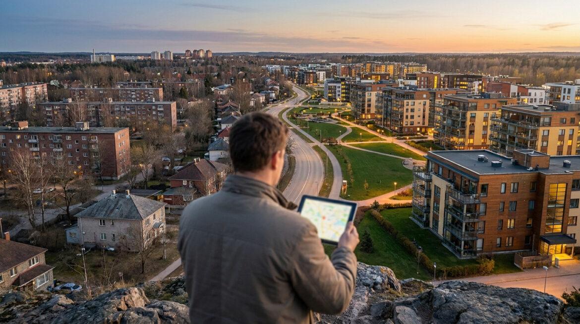 Quels quartiers éviter à Noisy pour votre projet immo ? Un homme regarde une carte sur tablette, surplombant un paysage urbain mélangeant anciens et nouveaux bâtiments, au crépuscule.