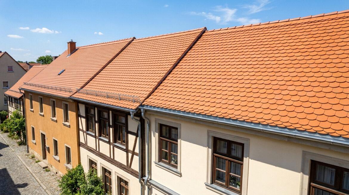 Toiture commune sans copropriété : droits et frais Vue aérienne de plusieurs toits en tuiles orange de maisons mitoyennes avec gouttières, cheminée et fenêtres de toit.