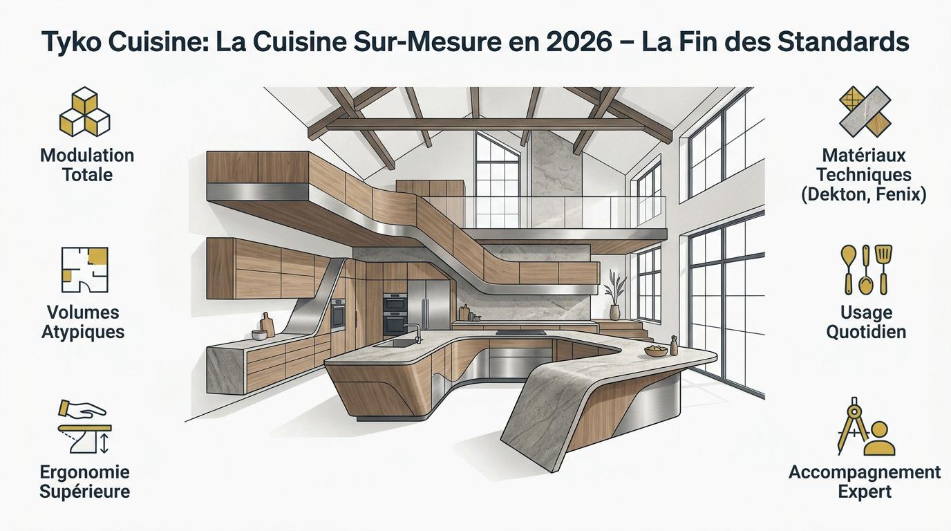 Aménagement d'une cuisine moderne Tyko avec îlot central et finitions Fenix