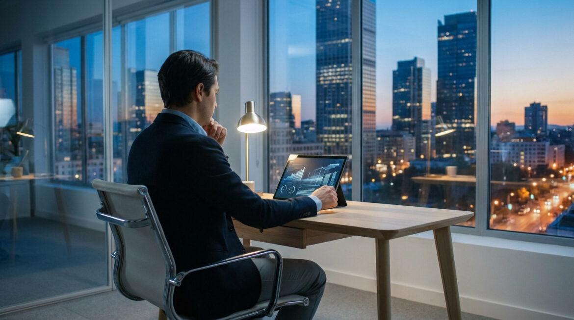 Didier Mathus immobilier : stratégie et conseil expert Homme en costume analyse données immobilières sur tablette dans bureau moderne avec vue sur ville éclairée au crépuscule.