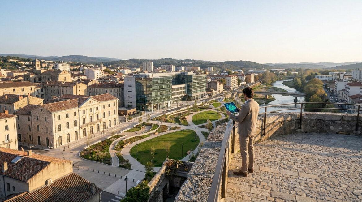 Quartiers à éviter à Alès : zones sensibles et conseils Homme avec tablette surplombant Alès: parc urbain, bâtiments modernes et historiques, rivière. Lumière matinale/soir.