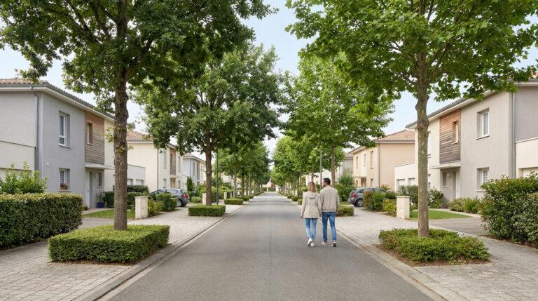 Un couple marche dans une rue résidentielle bordée d'arbres et de maisons modernes, sous un ciel clair.