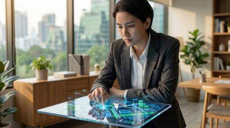 Jeune femme en costume analysant une carte urbaine holographique interactive sur une tablette transparente dans un bureau moderne.