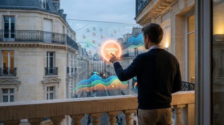 Un homme sur un balcon parisien utilise un écran transparent interactif montrant une carte immobilière avec des graphiques et des prix.