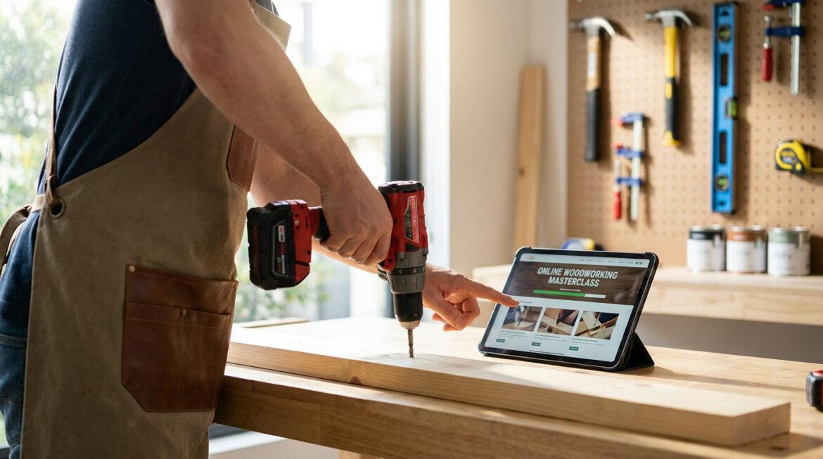 Réussir ses travaux avec les cours de bricolage en ligne Une personne perce du bois avec une perceuse, guidée par un cours de menuiserie en ligne sur tablette. Outils en arrière-plan.