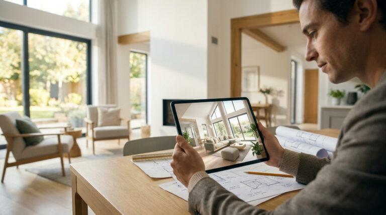Un homme examine un projet de rénovation sur une tablette montrant un salon moderne, des plans et un crayon sur le bureau.
