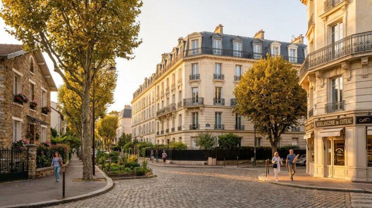 Rue ensoleillée à Chatou avec maisons en pierre, un immeuble haussmannien, une boulangerie et des passants.