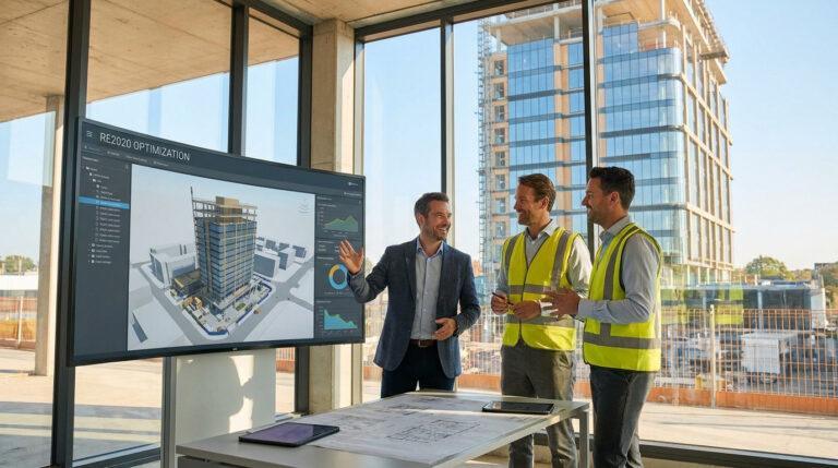 Trois professionnels du BTP examinent un modèle 3D de bâtiment et des données RE2020 sur écran géant, avec un chantier derrière eux.