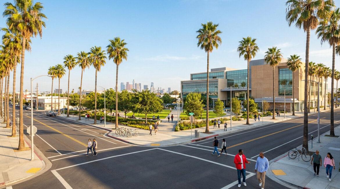 Compton en Californie : focus sur le comté de Los Angeles Vue ensoleillée du Compton Civic Center avec des palmiers et la silhouette de Los Angeles en arrière-plan.