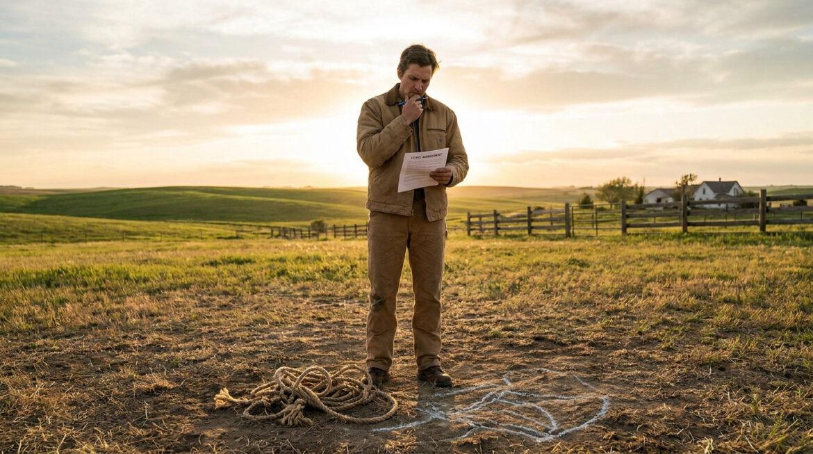 Un agriculteur lit un contrat devant un champ au coucher du soleil, une corde et un dessin au sol à ses pieds.