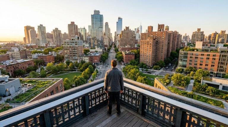 Un homme vu de dos sur un toit, contemplant une vaste étendue urbaine avec gratte-ciel, bâtiments et verdure.