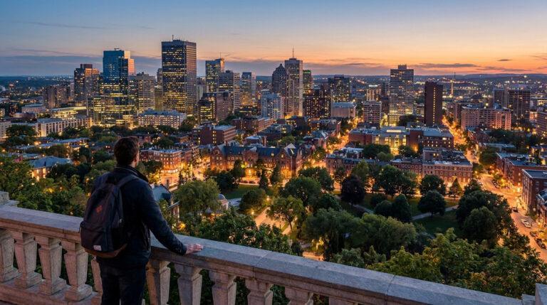 Un homme avec un sac à dos contemple un vaste paysage urbain illuminé au crépuscule depuis un balcon en pierre.