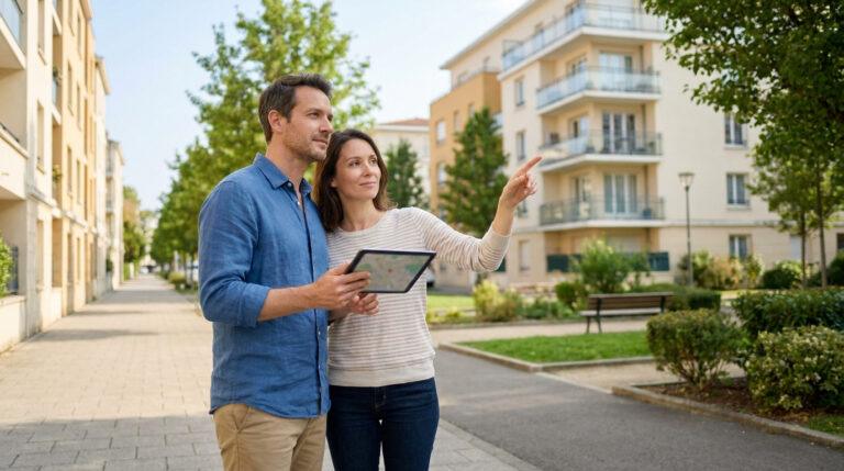 Un couple utilise une tablette pour se repérer dans un quartier résidentiel moderne, la femme pointant du doigt des immeubles.