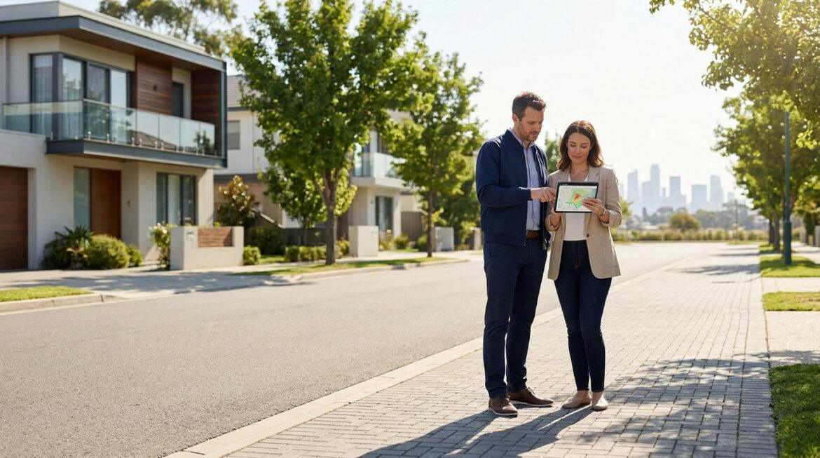 Quels quartiers éviter à Juvignac pour votre projet ? Un homme et une femme évaluent des quartiers sur une tablette, debout dans une rue bordée de maisons modernes et d'arbres, avec une ville au loin.
