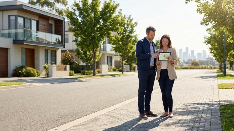 Un homme et une femme évaluent des quartiers sur une tablette, debout dans une rue bordée de maisons modernes et d'arbres, avec une ville au loin.
