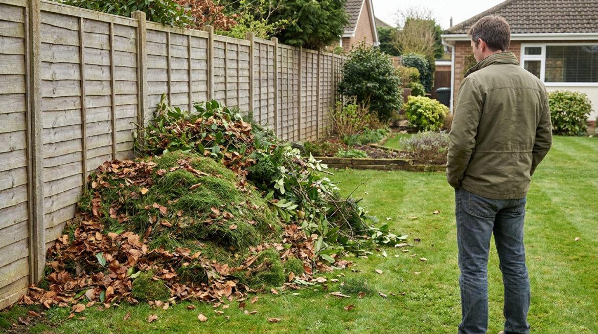 Déchets verts sur clôture : vos recours et droits en 2026 Un homme regarde un tas de déchets verts encombrant contre une clôture de jardin dans une zone résidentielle.