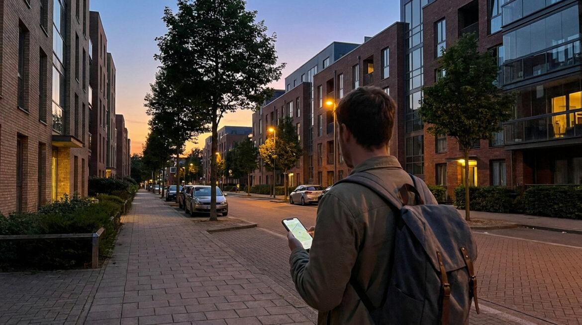 Quartiers à éviter à Chalon : le point sur la sécurité Homme avec sac à dos regardant son smartphone, marchant dans une rue résidentielle moderne bordée de bâtiments en briques et d'arbres au crépuscule.