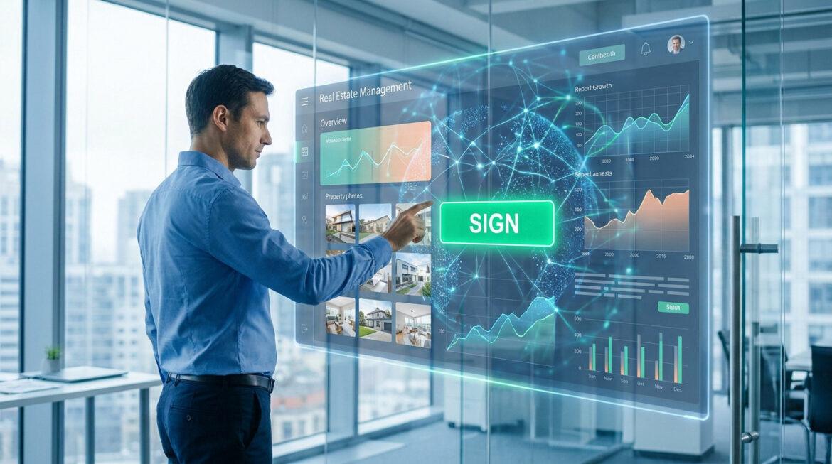 Un professionnel en chemise bleue utilisant une interface tactile holographique pour gérer des biens immobiliers.