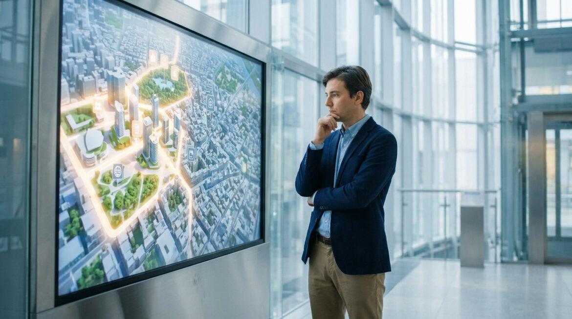 Quels sont les quartiers à éviter à Étampes en 2026 ? Homme en costume devant un grand écran interactif affichant une carte 3D de ville avec zones et icônes éclairées.