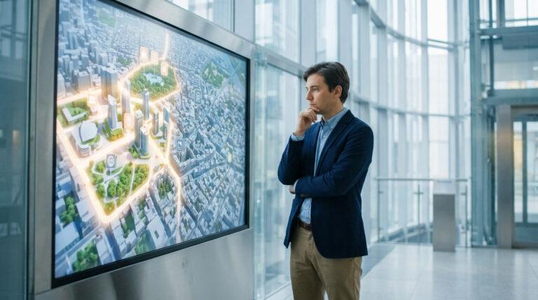 Homme en costume devant un grand écran interactif affichant une carte 3D de ville avec zones et icônes éclairées.