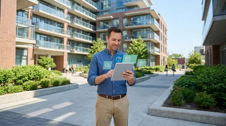 Un homme souriant utilise une tablette tactile devant une résidence moderne avec des icônes numériques flottantes.