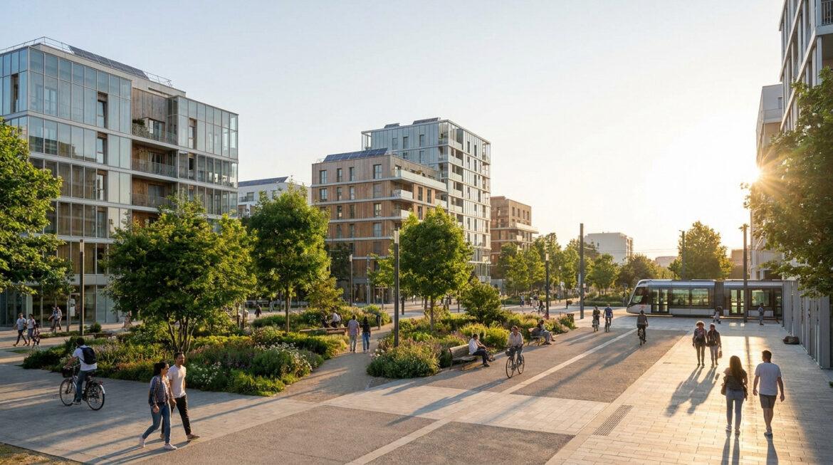 La Courneuve est-elle un quartier dangereux en 2026 ? Scène urbaine contemporaine à La Courneuve : immeubles neufs, parc luxuriant, tramway, piétons et cyclistes sous le soleil.