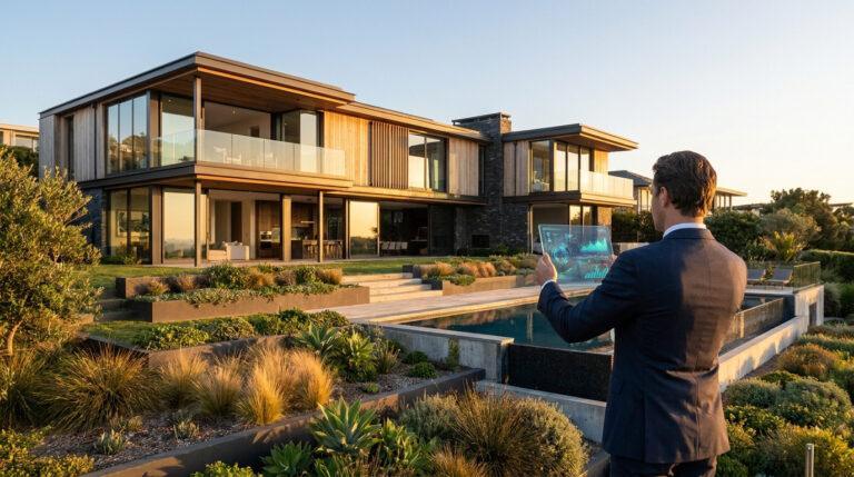 Un expert immobilier en costume utilisant une tablette holographique pour évaluer une villa moderne avec piscine.