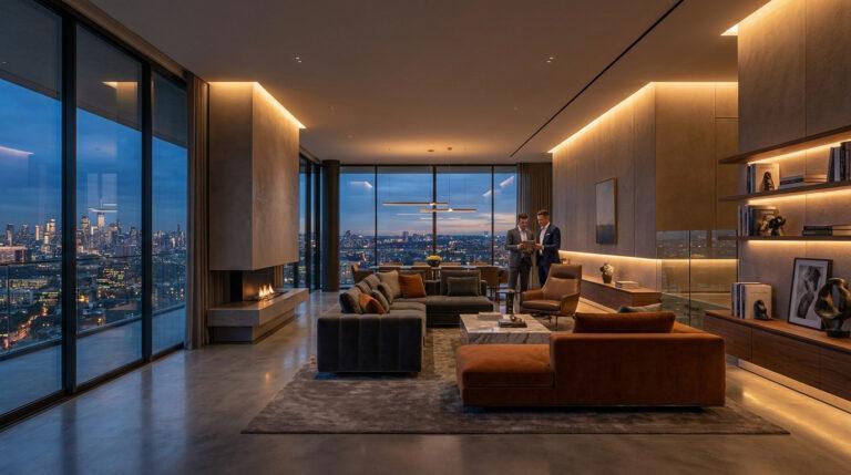 Deux hommes en costume discutent dans un luxueux penthouse moderne avec vue panoramique sur les lumières d'une ville.