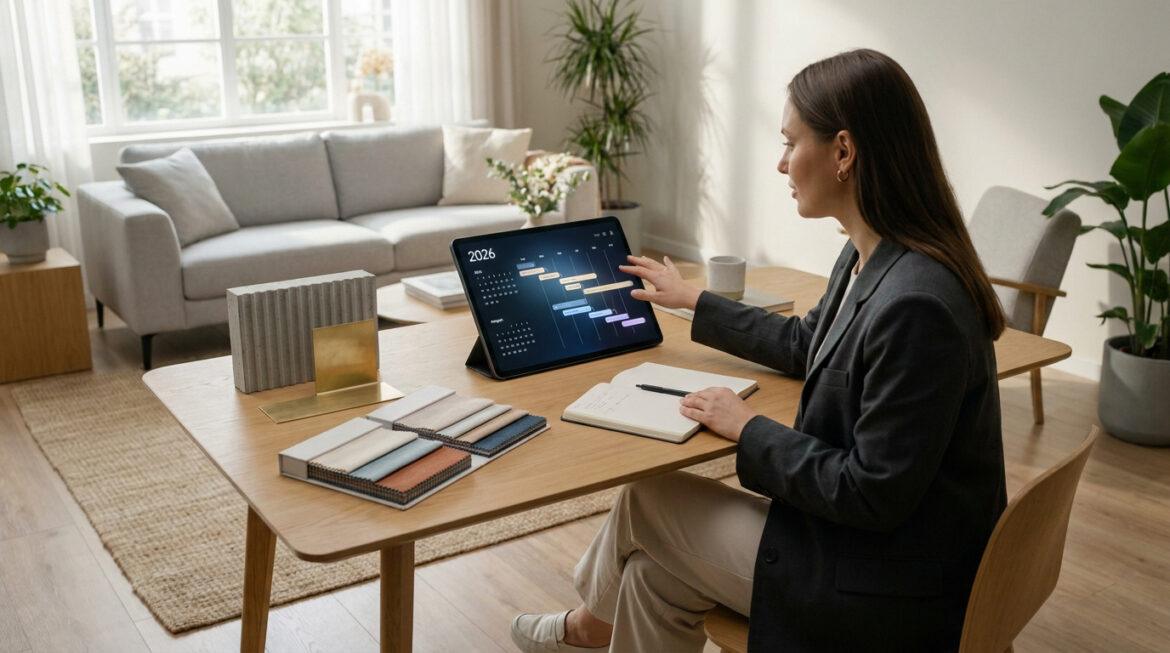Décoratrice planifiant ses projets 2026 sur tablette avec des échantillons de tissus dans un salon moderne et lumineux.