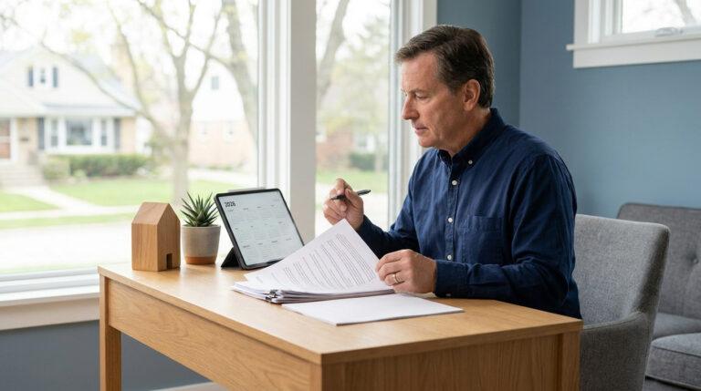 Homme d'âge moyen en chemise bleue examinant des documents sur un bureau avec une tablette affichant 2026 et une maison en bois.