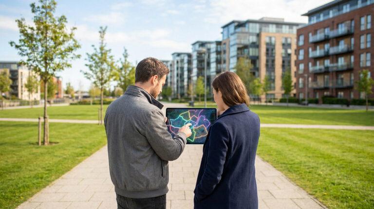 Deux personnes regardent une carte lumineuse de quartiers sur tablette, devant des immeubles modernes et un parc verdoyant.