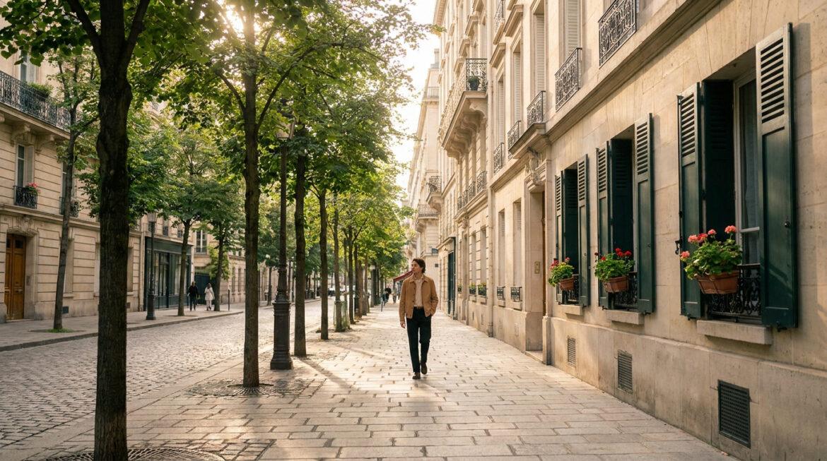 Quels quartiers éviter à Narbonne pour vivre sereinement ? Jeune homme marchant sur un trottoir ensoleillé, bordé d'arbres et d'immeubles élégants de style haussmannien.