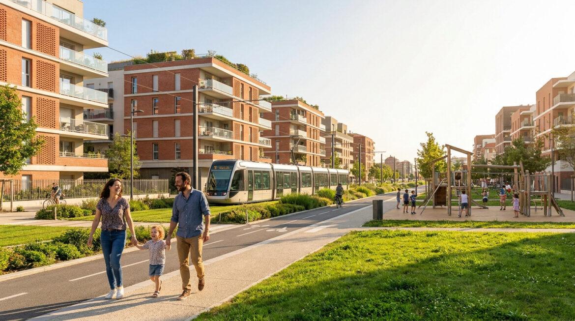 Avis sur Borderouge à Toulouse : tout savoir sur le quartier en 2026 Quartier moderne de Borderouge avec famille, tramway, aire de jeux et bâtiments neufs en brique rouge.