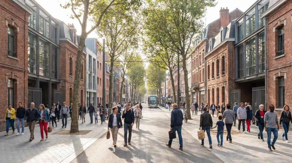 Une rue moderne et animée du quartier Moulins à Lille avec de nombreux piétons, des bâtiments en brique et un tramway au loin.