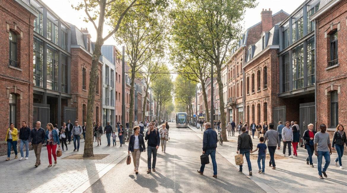 Une rue moderne et animée du quartier Moulins à Lille avec de nombreux piétons, des bâtiments en brique et un tramway au loin.