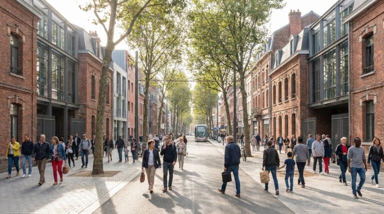 Une rue moderne et animée du quartier Moulins à Lille avec de nombreux piétons, des bâtiments en brique et un tramway au loin.
