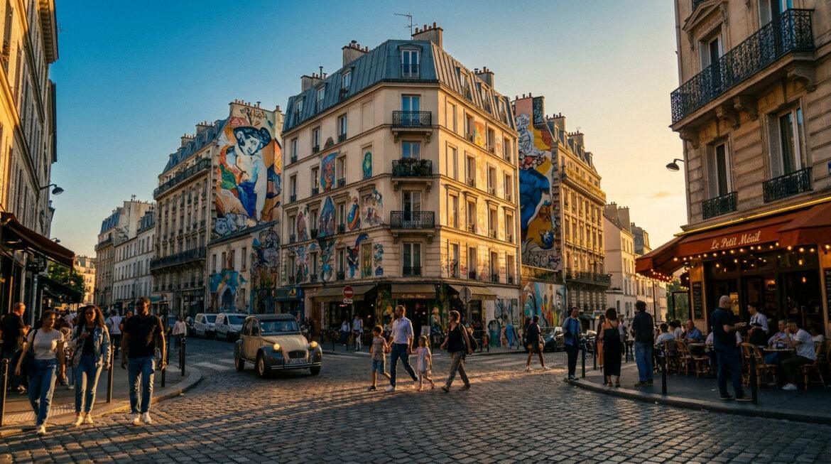 Ménilmontant est-il un quartier dangereux en 2026 ? Rue pavée animée à Ménilmontant au coucher du soleil, avec bâtiments ornés de street art coloré et passants.
