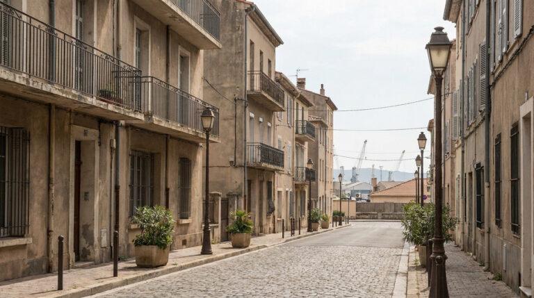 Vue d'une rue pavée bordée d'anciens immeubles aux façades patinées à Fréjus. Lampadaires rétro et grues portuaires en fond.