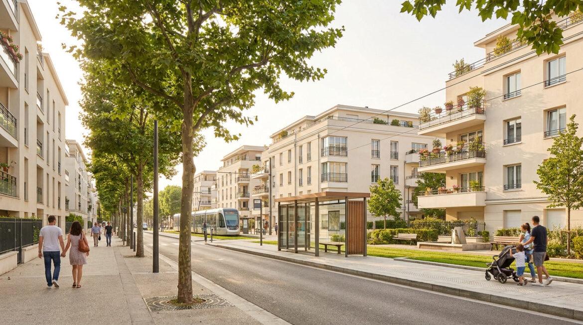 Quartiers de Rueil-Malmaison : le point sur la sécurité Un quartier résidentiel moderne et ensoleillé de Rueil-Malmaison avec des immeubles, un tram, des arbres et des piétons.