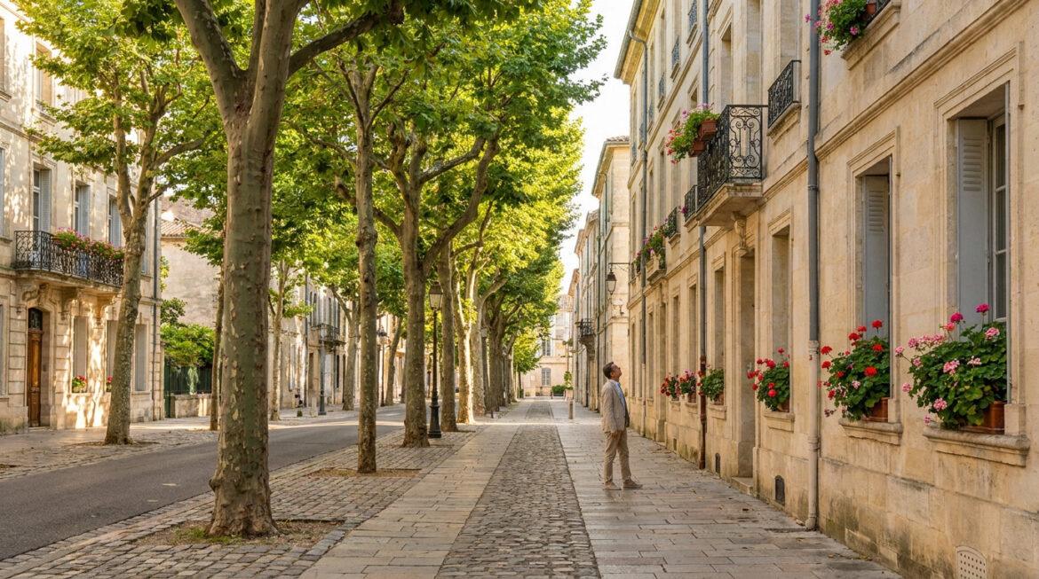 Quels quartiers de Saint-Germain-en-Laye privilégier ? Homme contemplant une rue bordée de platanes et de bâtiments en pierre ornés de balcons fleuris sous le soleil.