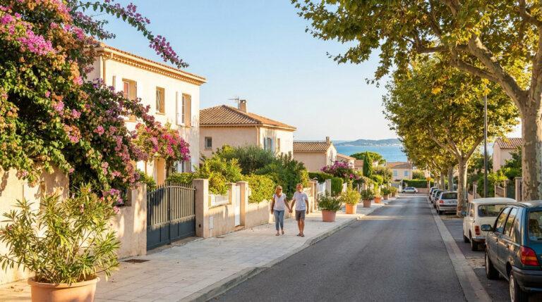 Vue d'une rue résidentielle calme avec maisons fleuries, arbres, un couple marchant, et la mer Méditerranée au loin à Six-Fours.