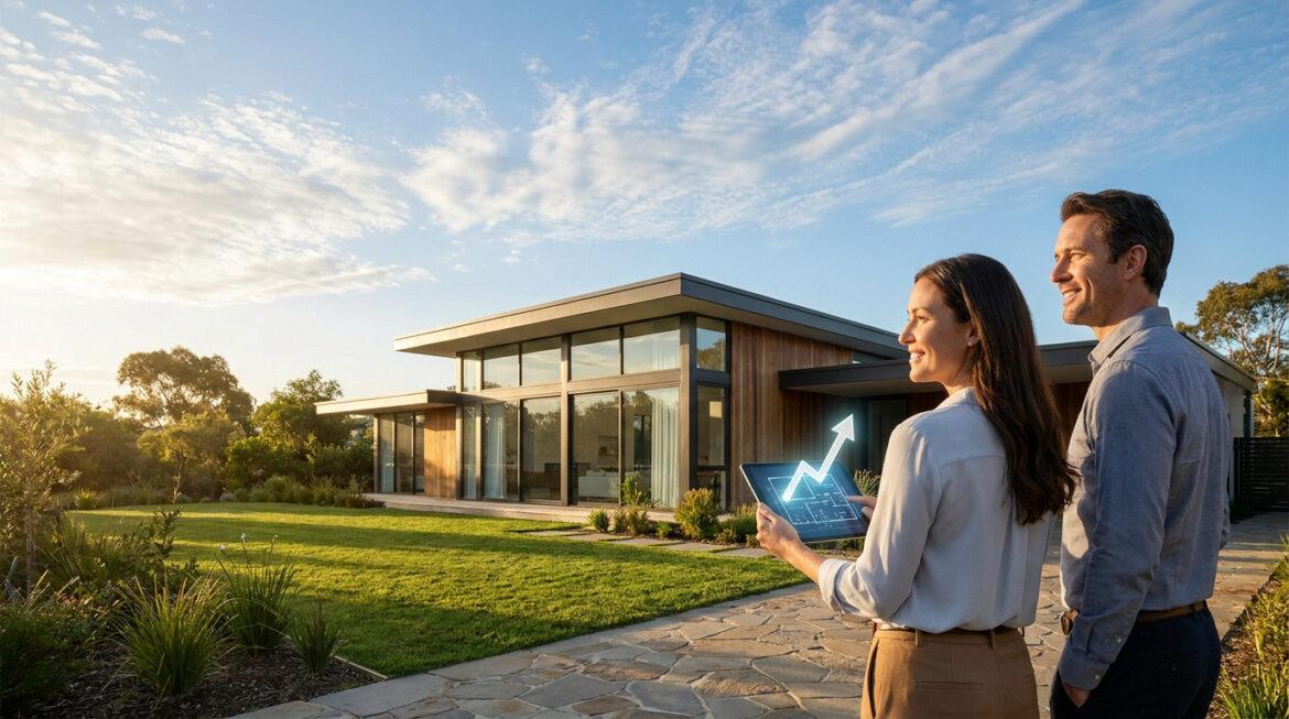 Couple souriant devant une maison moderne. La femme tient une tablette affichant un plan immobilier et une flèche de croissance, symbolisant l'avenir.